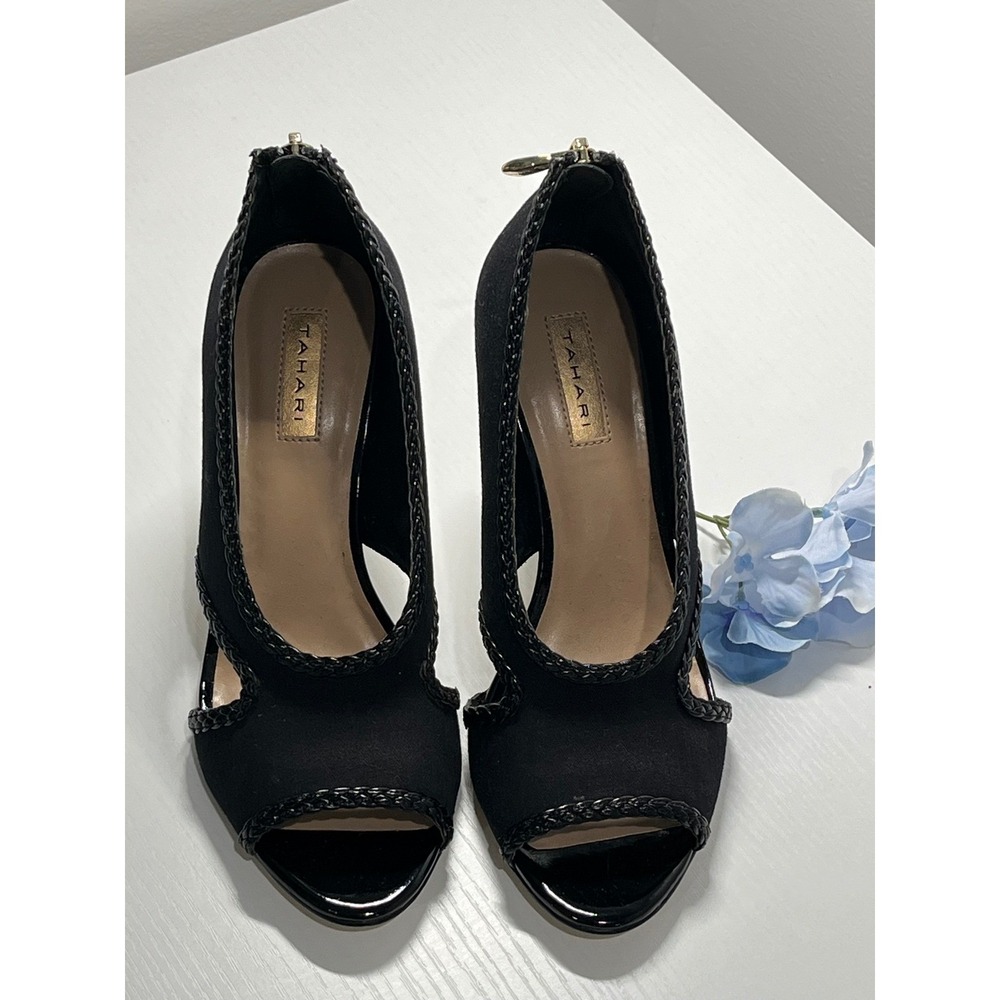 Tahari Loretta Black Peep Toe Heels Braided‎ Trim Back Zip Stiletto Size 6M